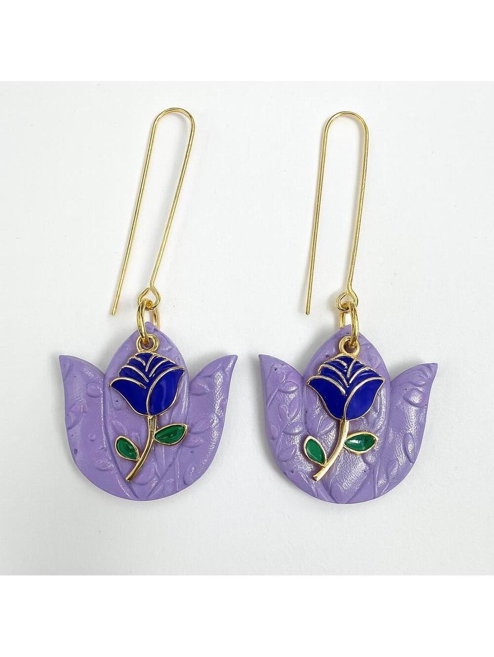 Handmade Lavender Rose Polymer Clay Earrings with Blue and Green Enamel Accents,